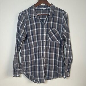 Lucky Brand Plaid Button Down Women Large Brown Navy Blue Long Sleeve Cotton